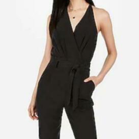 Express Pants - EXPRESS BLACK WASHED BELTED SURPLICE JUMPSUIT NEW v neck belted solid black